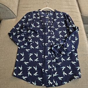 41 Hawthorn Blue White Bird Casual Office Career Work Top Blouse Size Medium